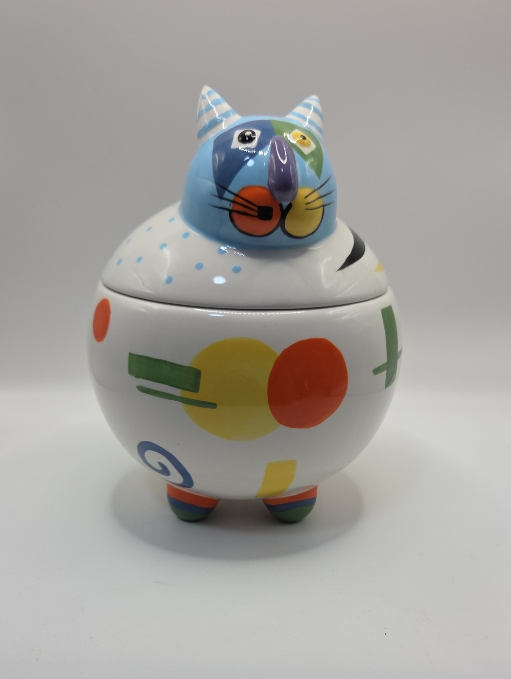 Colorful Ceramic Cat Jar - Multicolor Decorative Canister Vintage Rare